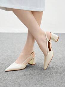 CUCCOO BIZCHIC Giày cao gót hở lưng đế thô mũi nhọn màu trắng, trang trí kim loại, thoải mái và thanh lịch, giày công sở hàng ngày cho nữ - Màu be - Xem 1