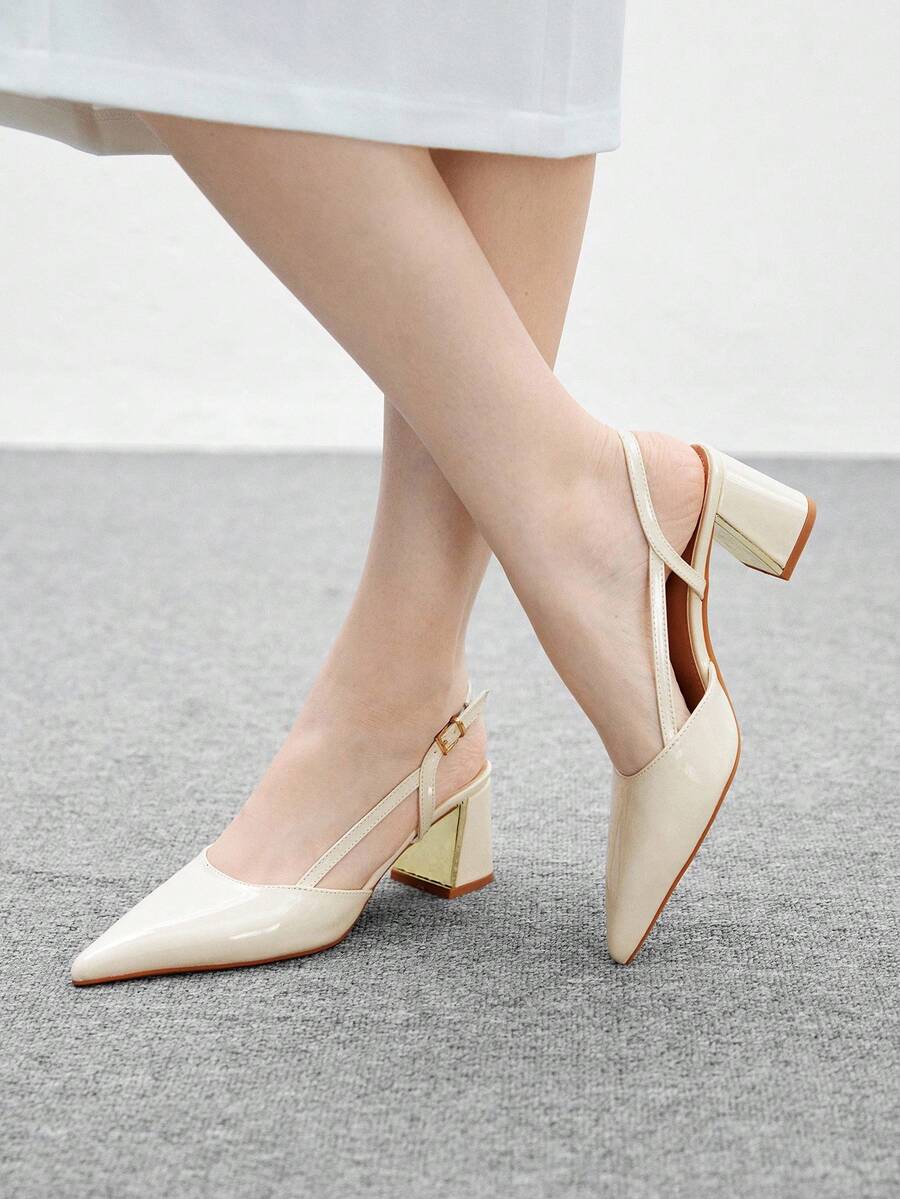 CUCCOO BIZCHIC Giày cao gót hở lưng đế thô mũi nhọn màu trắng, trang trí kim loại, thoải mái và thanh lịch, giày công sở hàng ngày cho nữ - Màu be - Xem 1