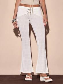 MUSERA Low Rise Waistband Detail Trim Textured Flared Trousers Summer Vacation Y2k Streetstyle Cool Girl Festival Holiday Elegant Sexy Club Graphite
