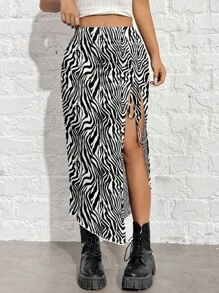 SHEIN EZwear 女士休闲高开衩抽绳不对称下摆修身中长裙，适合夏季，斑马纹，动物纹