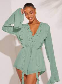 L'Amorae 女式纯色荷叶边领口喇叭袖前系带连体裤 - 薄荷綠 - 查看 5