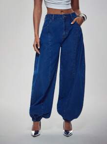 Denimoi High Rise Barrel Leg Jogger Denim Jeans - Dark Wash - View 1