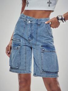 Denimoi Pantalones cortos de mezclilla cargo de uso casual con bolsillo lateral y cintura asimétrica para mujeres en verano