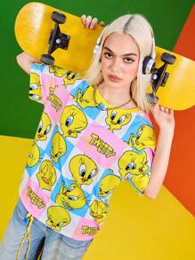 LOONEY TUNES X SHEIN 女式休闲街头风卡通字母图案宽松落肩T恤，夏季 - 黃色 - 查看 8