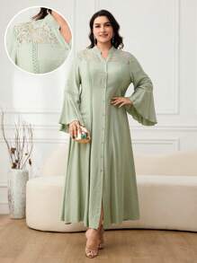 Al Najma Plus Size Women Arabic Style Contrast Lace Bell Sleeve Single-Breasted Elegant Dress