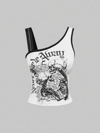 Grunge Punk Tenue de festival de musique, débardeur ajusté pour femme à imprimé squelette punk asymétrique