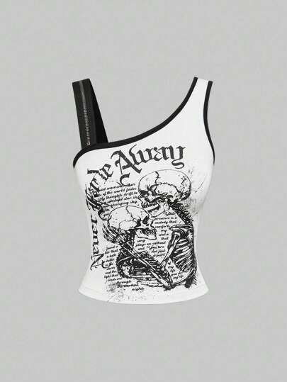 Grunge Punk Music Festival, Punk Skeleton Graphic Asymmetric Shoulder Tight-Fitting Women's Tank Top
