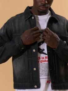 Musero 宽松长袖水洗牛仔外套，正面纽扣口袋设计，春夏度假街头风 - 黑色 - 查看 5