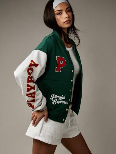 Missguided x Playboy Vintage Style Varsity Letter Jacket College Baseball Bomber Premium Classic University Retro Outerwear Fall Winter Spring Team Spirit Fashion
