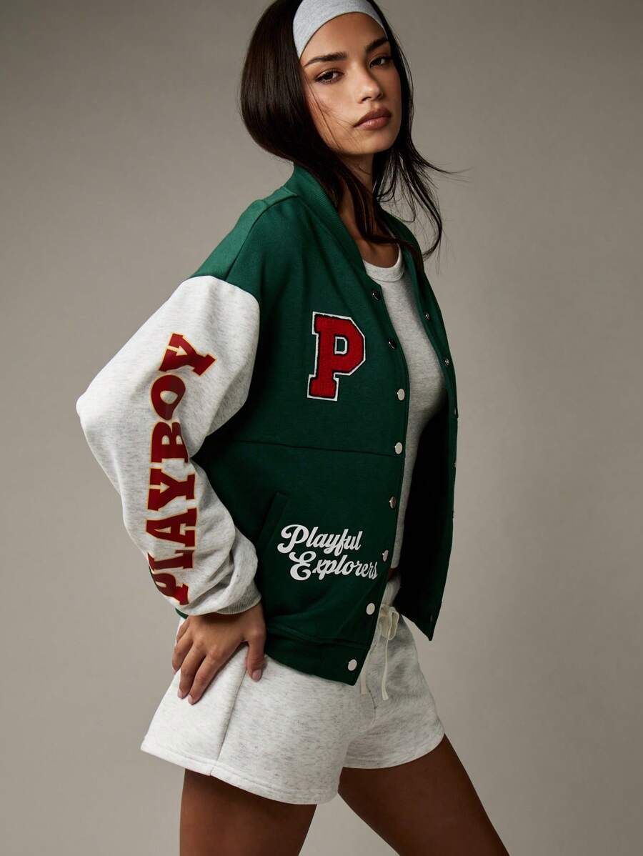 Missguided x Playboy Women Vintage Style Varsity Letter Bomber 