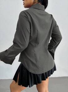 Flirla 大码条纹修身长袖衬衫 - 灰色 - 查看 2