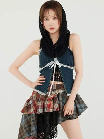 SHEINxHITOMI ROMWE Y2K Style Adorable Lace Trim Bowknot Decor Women Denim Halter Cropped Fitted Vest
