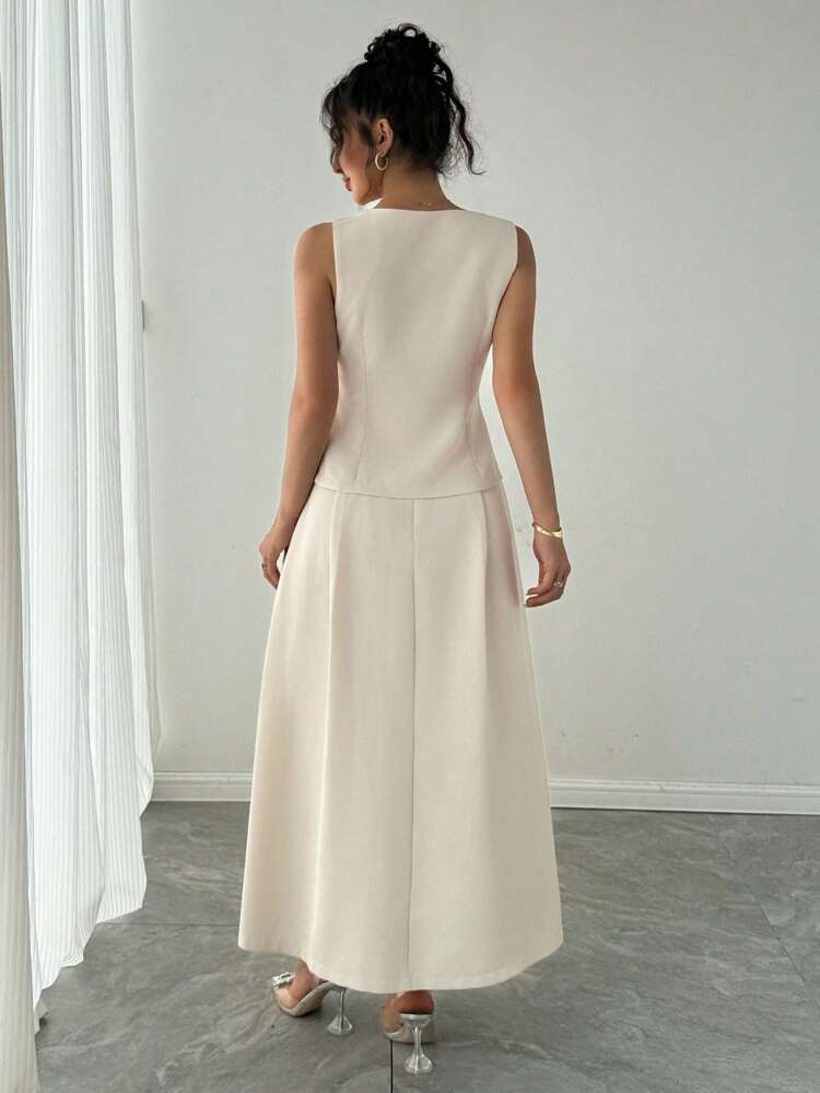 Women Square Neck Sleeveless Waist Fitted Top And High Waist Flare Skirt Set