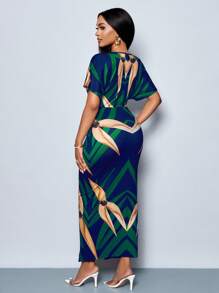 SOLERSUN 女士优雅印花V领开衩紧身派对连衣裙，春夏假日装