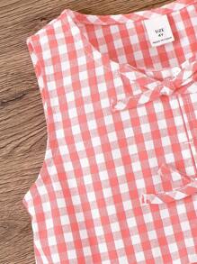 SHEIN 2pcs Young Girl Woven Plaid Sleeveless Top And Shorts Set - Pink - View 3