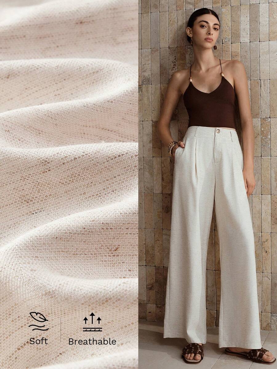 MOTF PREMIUM 纯色褶皱阔腿裤 - 杏色 - 查看 1