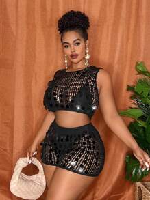 Slaydiva 复古优雅INS风美式圆点串珠无袖修身吊带背心和圆点串珠针织短裤两件套；亮片两件套；黑色两件套；网纱两件套；钩针两件套；两件短款套装 - 黑色 - 查看 4