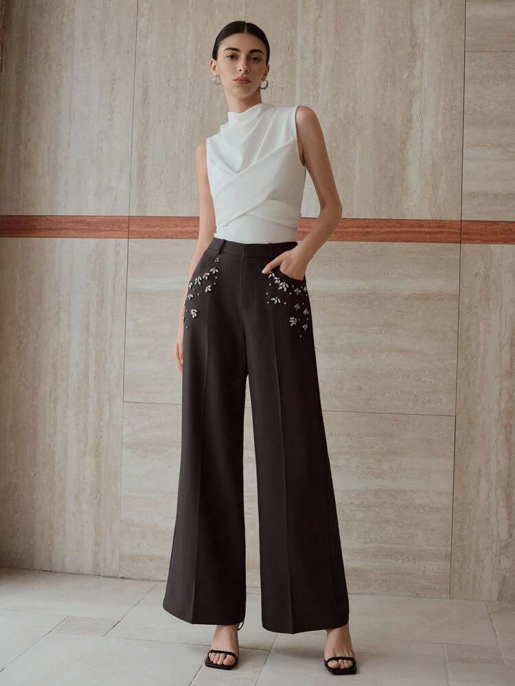 RHINESTONE DETAIL PRESS CREASE PANTS