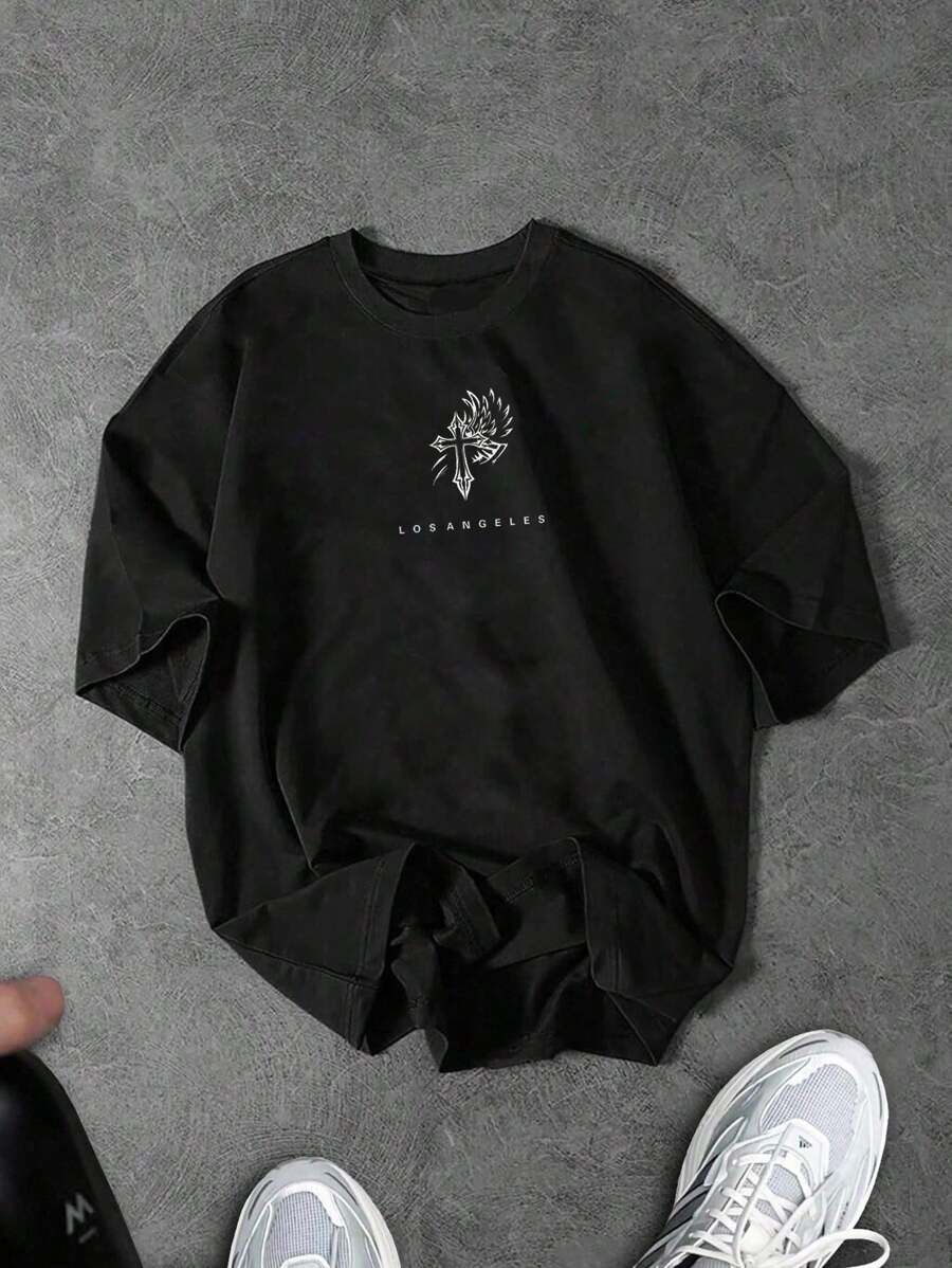 Sport MetroGents 男士夏季休闲十字印花运动T恤健身上衣透气 - 黑色 - 查看 1