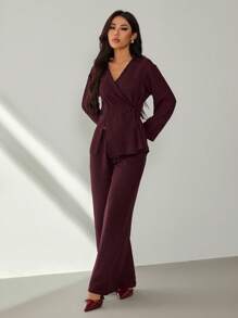 SHEIN PETITE Valentine's Day&New Year Women's Blazers, Burgundy Set,Suit Suits,Office Ladies' Wear, Business Ladies' Wear,Two Pieces Fall Outfits,Matching Outfits Couples,Shirt Set,Fall Clothes,Matching Family Pajamas,New Years Women Outfit - Burgundy - View 5