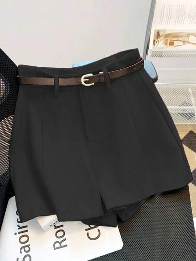 Franclia Shorts informales de color caqui de cintura alta de unicolor con cinturón, versátil y de moda para ir al trabajo, nuevos artículos de verano para mujeres