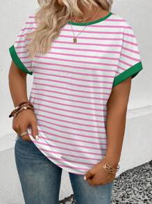 INAWLY Maglietta casual in taglie forti da donna, a maniche corte, con scollo rotondo, con stampa a righe, versatile, per primavera/estate