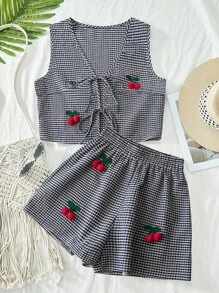 2pcs/Set Plus Size Women 3D Floral Decor Plaid Front Tie Sleeveless Shirt And Shorts Set - Blue - View 1