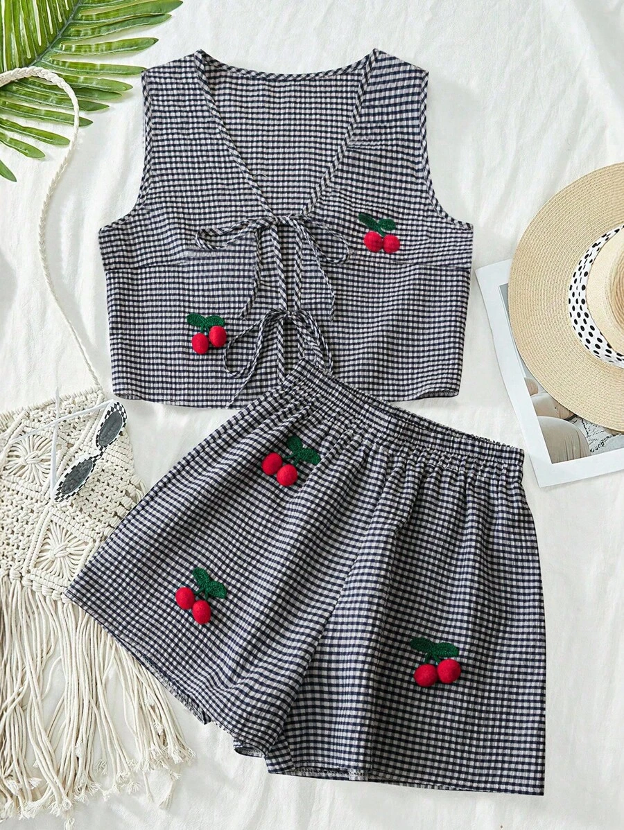 2pcs/Set Plus Size Women 3D Floral Decor Plaid Front Tie Sleeveless Shirt And Shorts Set - Blue - View 1