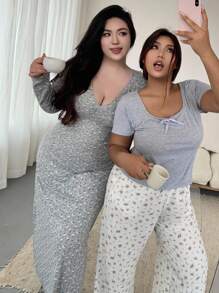 Dazy Plus 大码女式碎花修身V领褶皱长款睡裙睡衣，秋冬款 - 灰色 - 查看 6