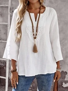 EMERY ROSE 女式度假拼接蕾丝V领3/4袖宽松休闲衬衫外出乡村女士秋季全白派对基本款上衣长袖上衣女士外出上衣度假上衣 - 白色 - 查看 3