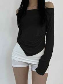 DAZY Camiseta casual de manga larga con hombros descubiertos de unicolor para mujer, ropa de mujer de otoño Y2K