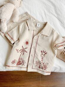 SHEIN 2 Stücke/Set Baby Jungen Hawaii Blumen Bedrucktes Hemd und Shorts, bequem, atmungsaktiv, kühl und feuchtigkeitsableitend für Strandurlaub oder Inselrundfahrt