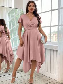 Reflora Đầm thanh lịch tay ngắn xếp nếp cổ chữ V màu trơn mùa hè cho nữ cỡ lớn - Màu Hồng baby - Xem 7