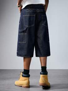 ROMWE MEN Street Life Men's Button Front Pockets Wide Leg Loose Casual Capri Denim Jeans - Blue - View 4