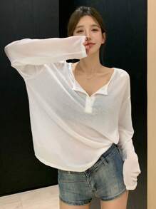 DAZY 女式纯色落肩T恤透明长袖女式上衣，秋季女装