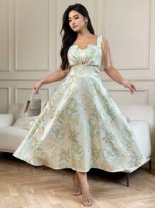 SHEIN Clasi Damen Große Größen Sommer Elegant Gewebe-Jacquard Taillengerafftes Langes Kleid - Verschiedenfarbig - Übersicht 8