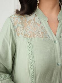 Al Najma Plus Size Women Arabic Style Contrast Lace Bell Sleeve Single-Breasted Elegant Dress