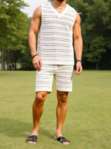 Manfinity Homme Men's Solid Color V-Neck Knitted Sleeveless Casual Hollow-Out Pullover, Summer Sweater Rave Outfits - Apricot - View 4