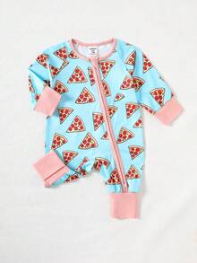 新生儿披萨印花插肩袖长袖拉链休闲连体衣秋冬款