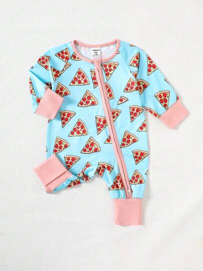 Neugeborenen Baby Lässig Romper mit Pizza Muster und Raglanärmeln, Reißverschluss Vorderseite