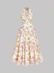 SHEIN MOD 加大码女式花卉印花露背优雅度假连衣裙 - 彩色 - 查看 1