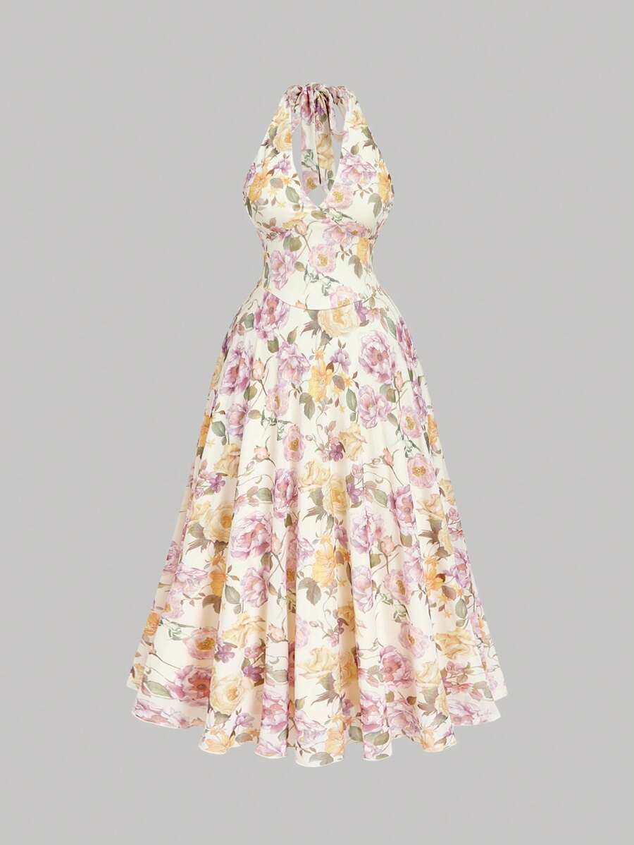 SHEIN MOD 加大码女式花卉印花露背优雅度假连衣裙 - 彩色 - 查看 1