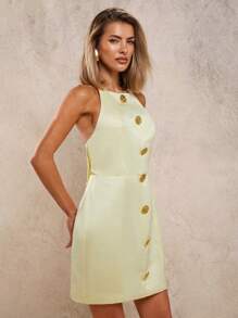 COSMINA Women's Satin Fabric Metallic Floral Decor Fashion Sleeveless Mini Dress Party Vacation Evening Dress - Yellow - View 4