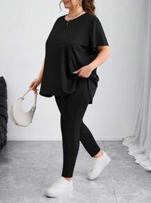 SHEIN CURVE+ Curves 大码/校服/返校服/返校大码女装春夏时尚休闲运动舒适基本百搭修身日常黑色短袖 T 恤和紧身裤两件套、裤子套装、街头服饰、机场服装、女士夏季服装、外出服装、Y2k 服装、极简主义风格、女士教堂服装 大码两件套服装 大码弹力服装 大码套装 大码服装 - 黑色 - 查看 4