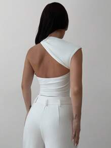 Firerie Asymmetric Shoulder Cross Ruched Backless Bodysuit With Metal Hardware Decor, Elegant Daily Office Wear, Summer & All Season - White - View 8