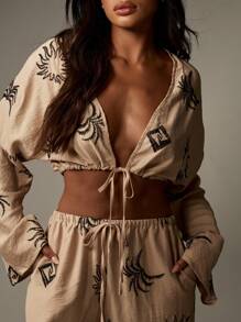 MISSGUIDED Bộ đồ phối hợp vải lanh thêu quần ống rộng cạp cao áo crop top tay bồng mặc đi nghỉ dưỡng họa tiết chống nắng lễ hội bãi biển mùa hè - Rượu sâm banh - Xem 6