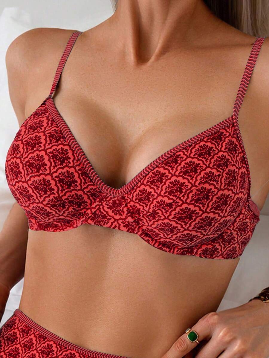 SHEIN Swim Lushore Nuevo top de bikini con tirantes de espagueti y sujetador de acero con estampado floral sexy, apropiado para vacaciones en la playa - Multicolor - Ver 1