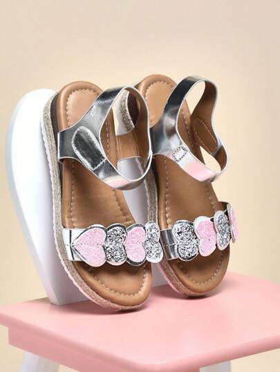 Mini mi #Playful Girls 闪光心形绑带 PU 银色帆布厚底厚底凉鞋 - 舒适贴合，公主风可爱风格