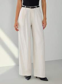 SHEIN Tall Pantalon droit de couleur unie décontracté pour femmes - Nude - Voir 2