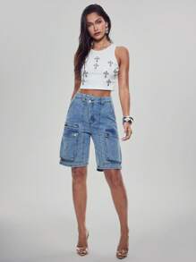 Denimoi Pantalones cortos de mezclilla cargo de uso casual con bolsillo lateral y cintura asimétrica para mujeres en verano